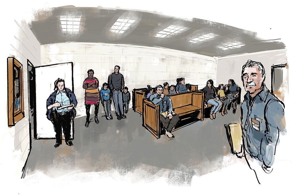 The first stop for anyone attending court proceedings at the Northwest Detention Center is a waiting room. To get past, “you have to sweet talk the guard,” says one lawyer. (Sketch by Gabriel Campanario / The Seattle Times)