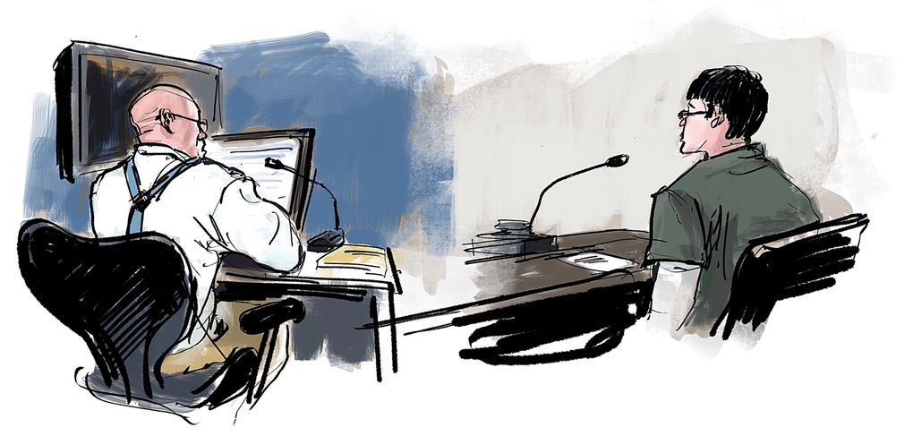 The judge turns to a government lawyer for background on detainees’ history in the U.S., including any past crimes. Many undocumented immigrants are unrepresented. (Sketch by Gabriel Campanario / The Seattle Times)