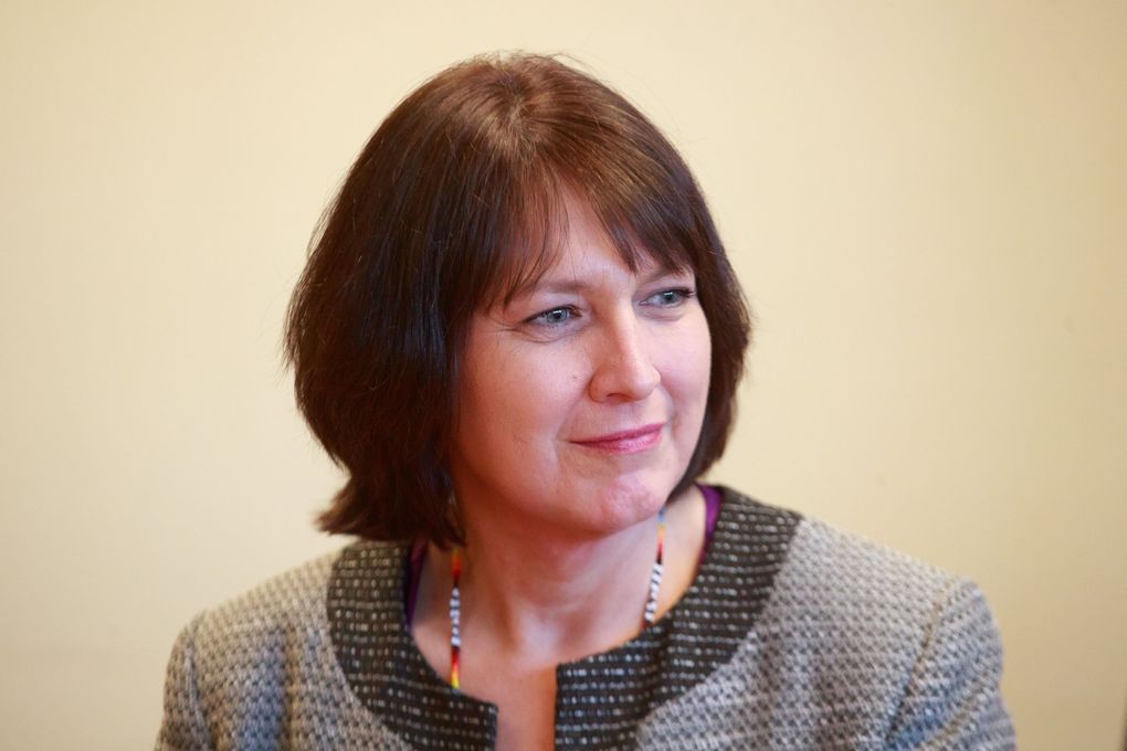 Denise Juneau speaks with reporters at Seattle School District headquarters March 29. Juneau is the former Montana superintendent of public instruction. (Erika Schultz / The Seattle Times)