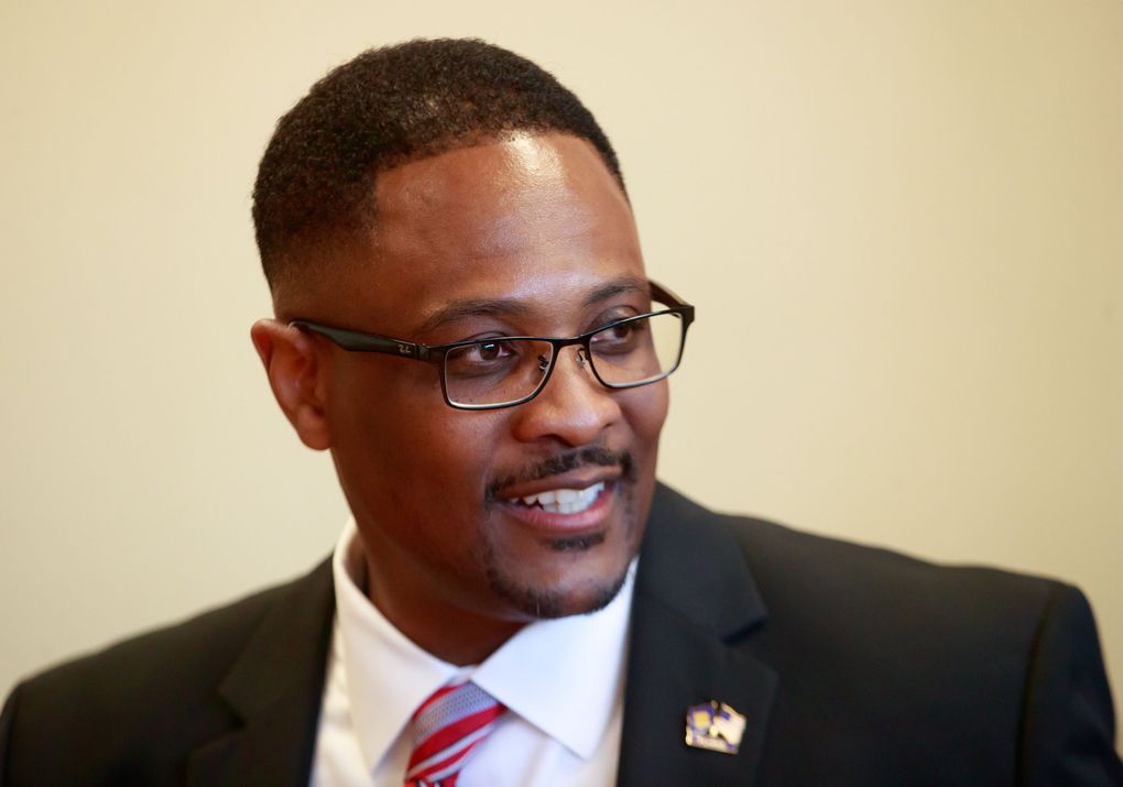 Andre Spencer speaks with reporters at Seattle School District headquarters March 29, 2018. Spencer is superintendent of Harrison School District Two in Colorado Springs, Colorado. (Erika Schultz / The Seattle Times)