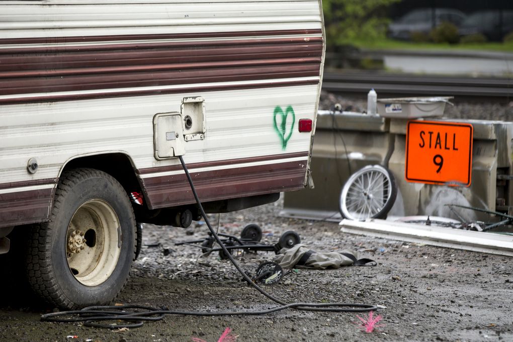 Sabrina Tate’s RV sits in the City of Seattle’s last safe parking zone for vehicle dwellers, at Second Avenue South and South Spokane Street in the Sodo neighborhood. (Bettina Hansen/The Seattle Times)