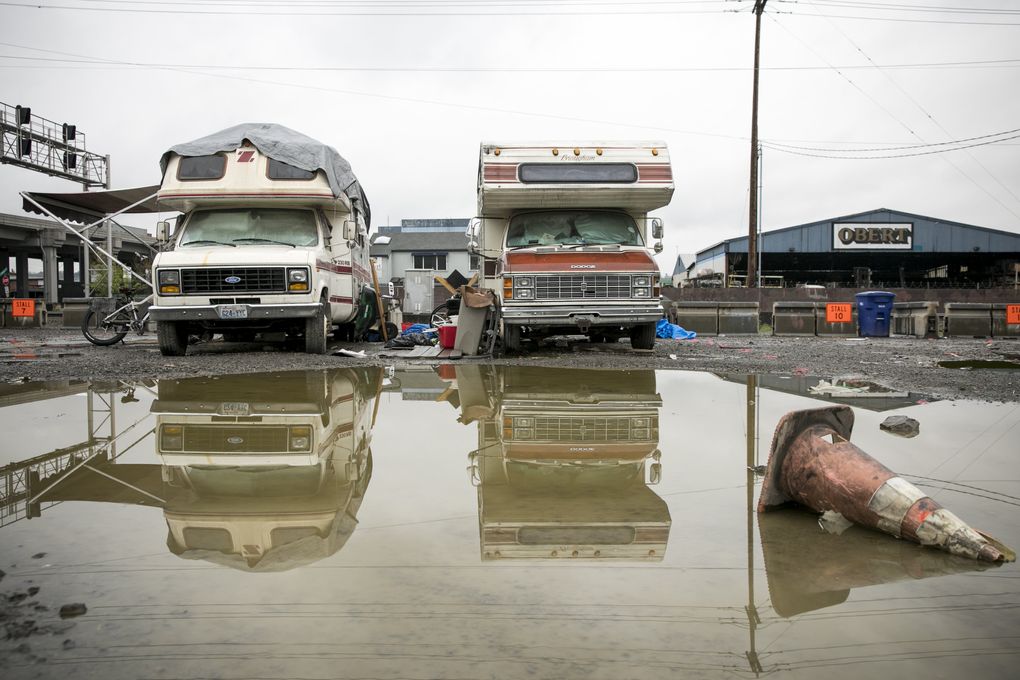 No new permits are being issued in the city of Seattle’s last safe parking zone for people who live in vehicles, at Second Avenue South and South Spokane Street. (Bettina Hansen/The Seattle Times)