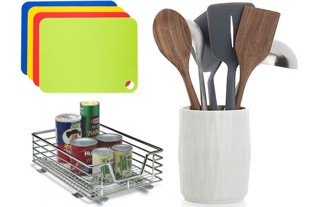 Clockwise from top left: Tovolo Large Flexible Cutting Mats, $19.50 for four at amazon.com; Chef’n 7-Piece Tool Set and Crock, $80 at Crate & Barrel; Storables Chrome Slide-Out Cabinet Basket, starting at $45