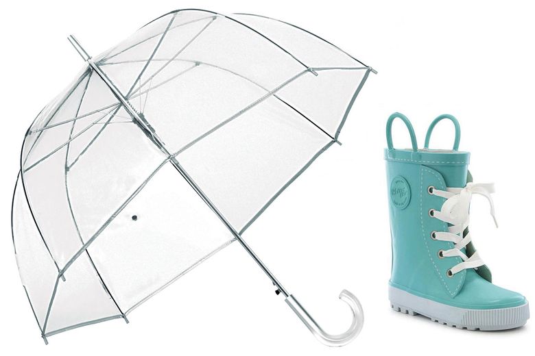 Shedrain Auto Open Clean Bubble Umbrella, $35; Western Chief Kids Sneaker Rain Boots, $30 
