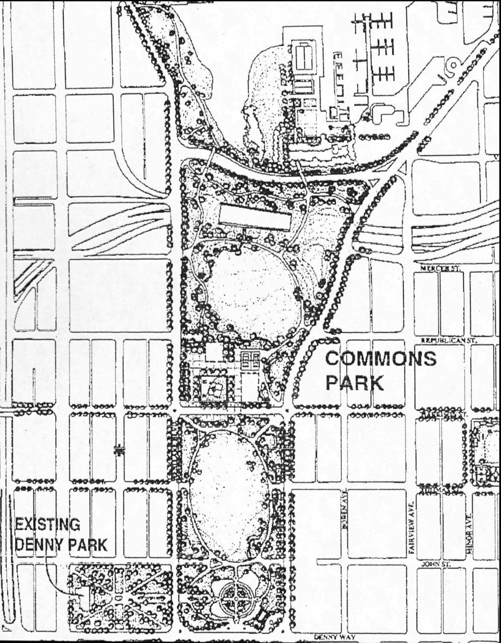 This is a drawing of the proposed Seattle Commons, a 61-acre park that would have sat between the downtown area and Lake Union. Voters were asked in 1995 to approve a $111 million property-tax measure for the park. They rejected the proposal. (The Associated Press / Seattle Times archives)