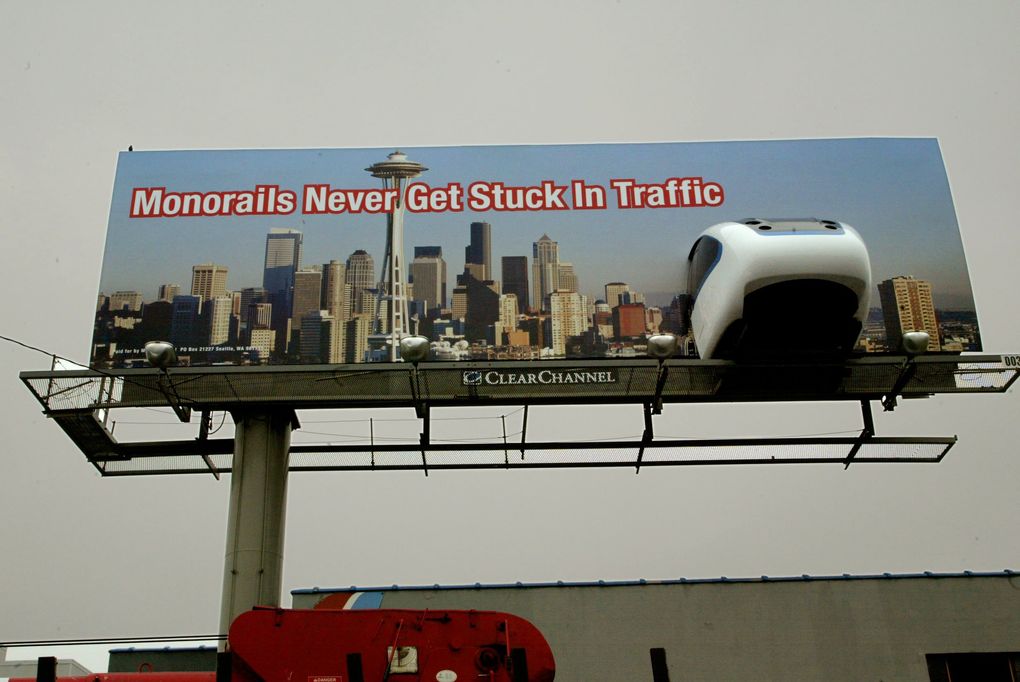 A billboard promoted Seattle’s monorail plan, which eventually failed. (Mike Siegel/The Seattle Times, 2002)