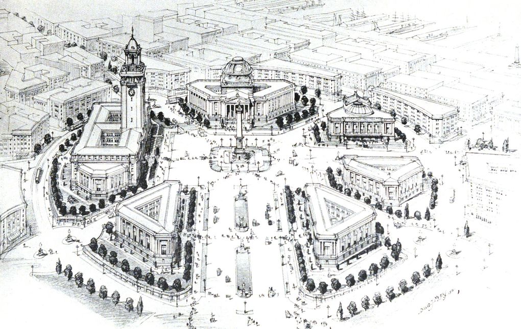 Virgil Bogue’s Civic Center and plaza would have included a museum, City Hall and other government buildings. Seattle voters rejected the plan in 1912. (Seattle Municipal Plans Commission / Seattle Public Library)