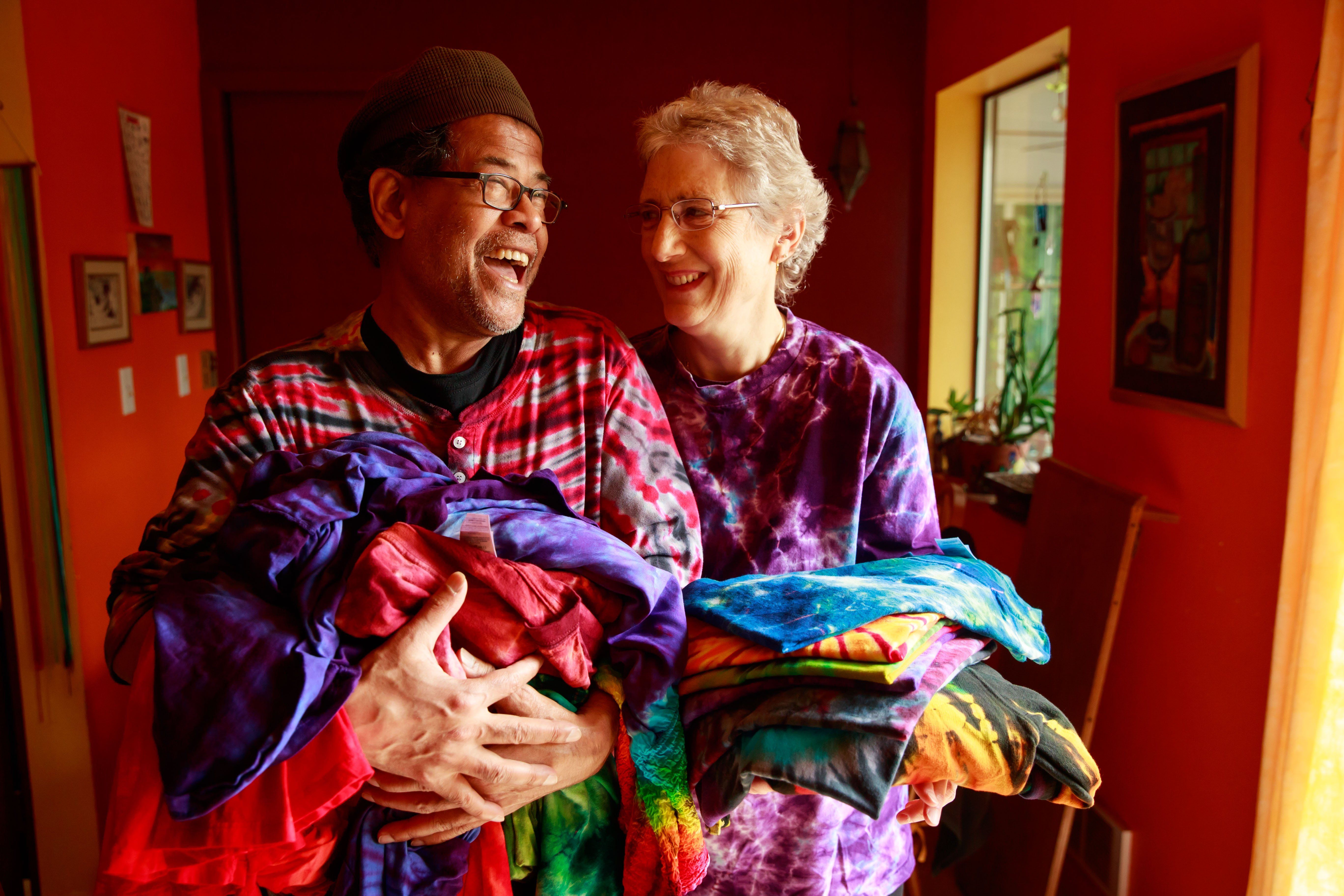 3 decades selling tie-dyed T-shirts at the Market: Peace symbol