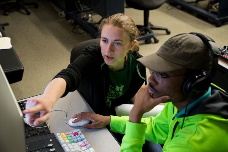 At Nashville State Community College, students Sarah Grenier and Ian Davis work on an assignment in their MIDI 1 music class. A career in music in Nashville is as common as a career in software in Seattle.  (Mike Siegel/The Seattle Times)