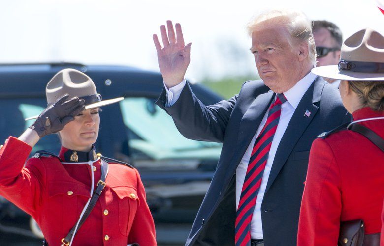 President Donald Trump arrives at Canadian Forces Base Bagotville in Quebec, Canada, June 8, 2018. Trump called on the world?s leading economies on Friday to reinstate Russia to the Group of 7 nations four years after it was cast out for annexing Crimea, once again putting him at odds with America?s leading allies in Europe and Asia. (Doug Mills/The New York Times) XNYT18 XNYT18
