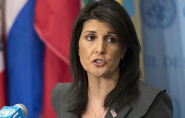 FILE – In this Jan. 2, 2018, file photo, United States Ambassador to the United Nations Nikki Haley speaks to reporters at United Nations headquarters. Haley says the U.S. is withdrawing from UN Human Rights Council, calling it ‘not worthy of its name.’ (AP Photo/Mary Altaffer, File) WX107 WX107