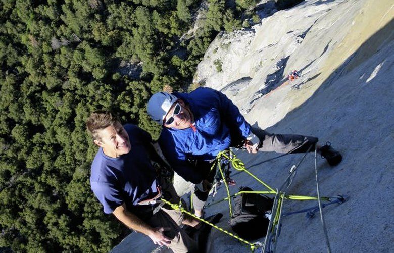 In this May 13, 2017 photo provided by Greg Murphy shows Jason Wells, left, and Tim Klein during a climb along the Nose climbing route on El Capitan in Yosemite National Park, Calif. Family and friends say the two men who fell to their deaths while climbing El Capitan at Yosemite National park were elite climbers who partnered on routes since their college days in San Diego. The National Park Service has said, Wells and Klein were about 1,000 feet up the so-called Freeblast Route when they fell on Saturday June 2, 2018. (Greg Murphy via AP) LA103 LA103