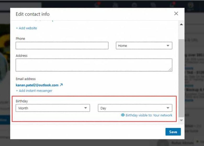 To stop LinkedIn from alerting your connections to your birthday, you have to change the visibility of your birthday in your contact info. (LinkedIn)