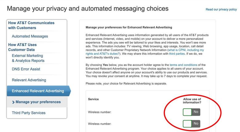 Check that you’ve opted out of an AT&T program that lets it uses very personal data to target ads. (Geoffrey A. Fowler / The Washington Post)