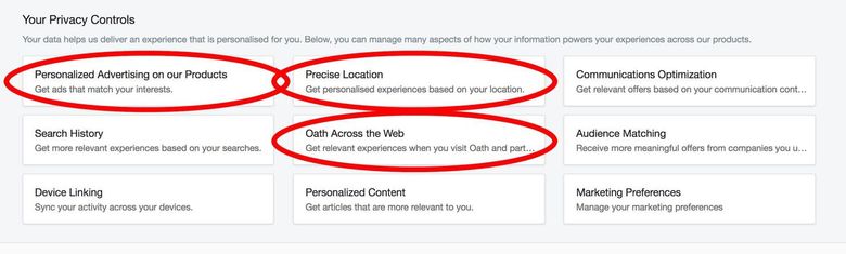 Three defaults worth changing in Yahoo’s privacy settings. (Geoffrey A. Fowler / The Washington Post)