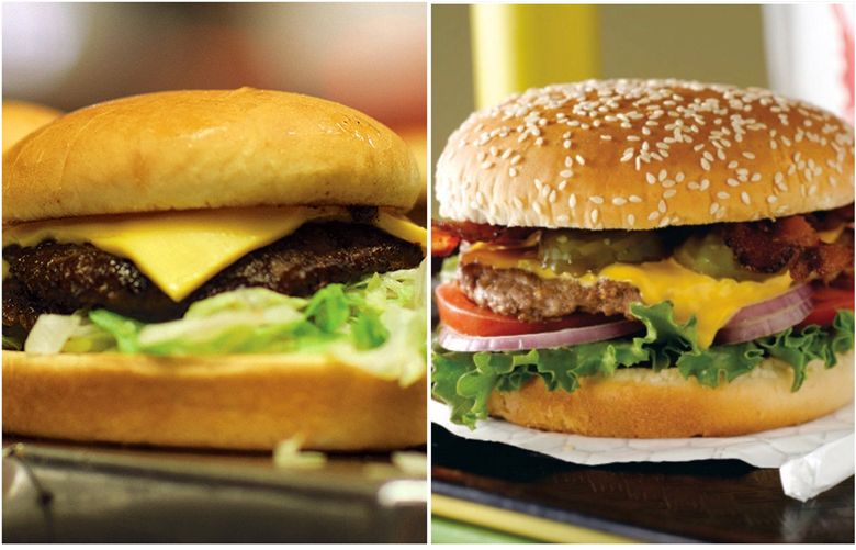 Dick’s Deluxe burger, left, and Red Mill Burgers’ Bacon Deluxe with Cheese, right.

Left:
Deluxe burger (Courtesy Dick’s) 
Right: 
Bacon Deluxe with Cheese (Courtesy Red Mill Burgers)  (Left, Courtesy of Dicks / Right, Courtesy Red Mill Burgers)