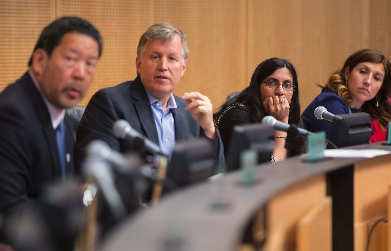 Council President Bruce Harrell, left and Councilmembers Mike O’Brien, Kshama Sawant, and Teresa Mosqueda listen to testimony during the council meeting on June 12, 2018. 