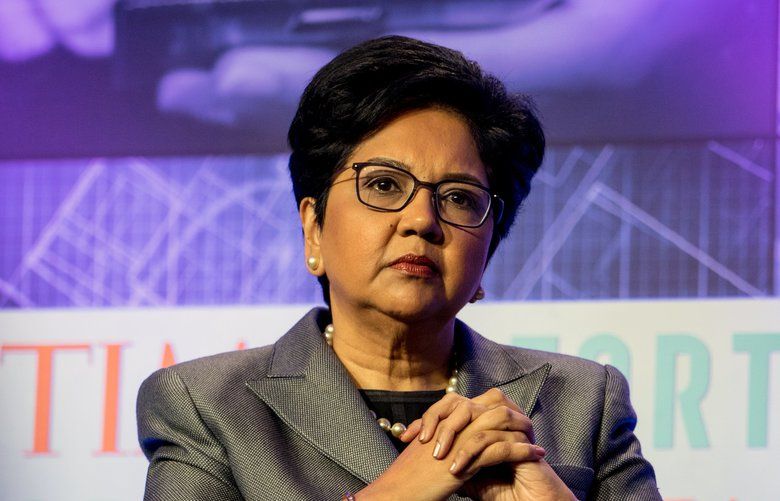 Indra Nooyi, chairman and chief executive officer of PepsiCo Inc., listens during the CEO Initiative event in New York, U.S., on Monday, Sept. 25, 2017. The CEO Initiative brings together the CEOs of some of the world?s most enlightened companies to exchange best practices and leadership techniques, develop actionable solutions, and track tangible progress. Photographer: Misha Friedman/Bloomberg 