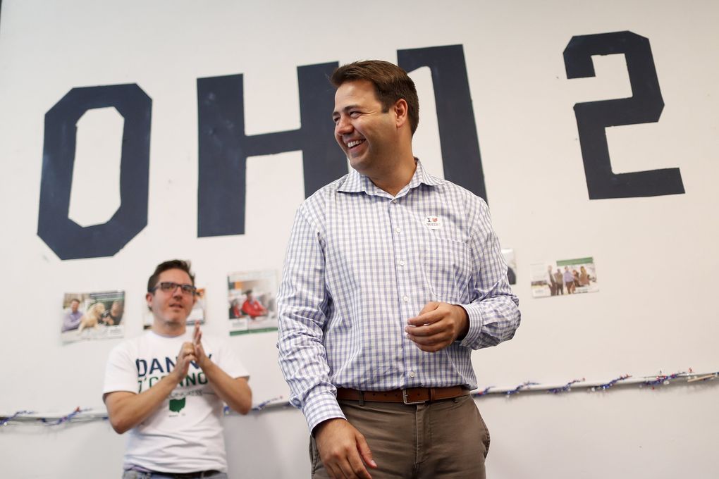 Democrat Danny O’Connor, the Franklin County recorder, meets with volunteers at his campaign headquarters in Columbus. (John Minchillo / The Associated Press)