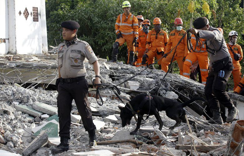 Rescuers with sniffer dogs search for victims at a mosque damaged by an earthquake in North Lombok, Indonesia, Tuesday, Aug. 7, 2018. Thousands of people left homeless sheltered Monday night in makeshift tents following a powerful quake that ruptured roads and flattened buildings on the Indonesian tourist island of Lombok, as authorities said rescuers hadn’t yet reached all devastated areas. (AP Photo/Firdia Lisnawati) XFL107 XFL107