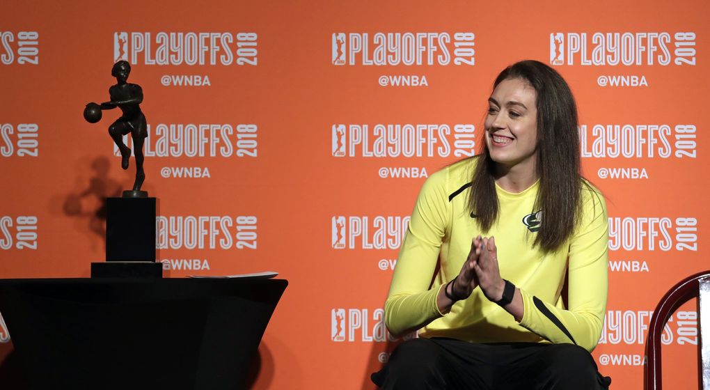 Seattle Storm’s Breanna Stewart smiles as she is introduced before receiving the league’s Most Valuable Player award. (Elaine Thompson / The Associated Press)