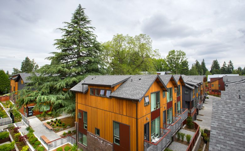 Bryant Heights “is blended into the surroundings with landscape design that conserves several exceptional trees for continued enjoyment,” says architect Mary Johnston. “The massing steps down at the pedestrian and upper levels to reveal the giant trees in the central courtyard.” Polygon Northwest was the builder; Fazio Associates handled landscape architecture.  (Mike Siegel/The Seattle Times)