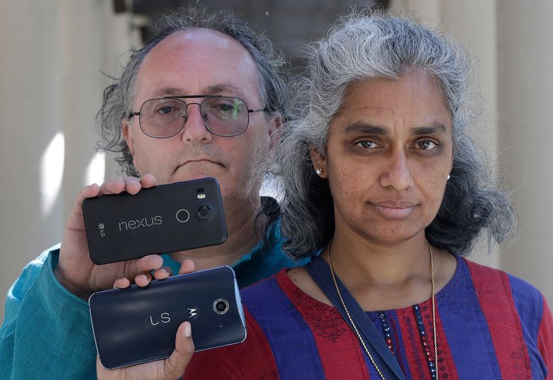Kalyanaraman Shankari, right, and her husband, Thomas Raffill, in Mountain View, Calif. Shankari, a graduate researcher at UC Berkeley who connects commuting patterns with urban planners, noticed that her Android phone prompted her to rate a shopping trip to Kohl’s. That happened even though she had turned off Google’s “location history” setting, which according to the company should prevent it from remembering where a user has been.  (Jeff Chiu/AP)