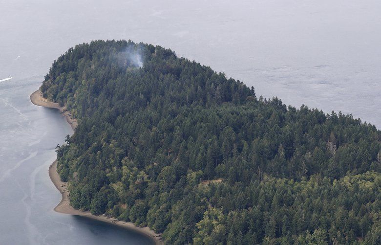 Smoke rises from the site on Ketron Island in Washington state where an Horizon Air turboprop plane crashed Friday after it was stolen from Sea-Tac International Airport as seen from the air, Saturday, Aug. 11, 2018, near Steilacoom, Wash. Investigators were working to find out how an airline employee stole the plane Friday and crashed it after being chased by military jets that were quickly scrambled to intercept the aircraft. (AP Photo/Ted S. Warren) 