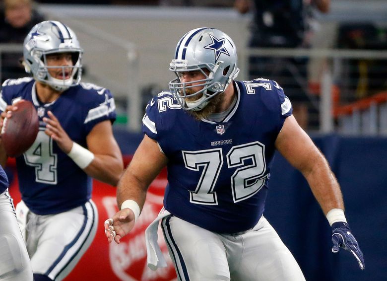 FILE – In this Nov. 23, 2017, file photo, Dallas Cowboys center Travis Frederick (72) defends as quarterback Dak Prescott (4) prepares to pass during an NFL football game against the Los Angeles Chargers, in Arlington, Texas. Frederick’s revelation that he is battling a rare neurological disorder will reverberate on and off the field for the Dallas Cowboys. They’re likely to begin the season without their stalwart at center, and without knowing what will happen with their teammate’s recovery. (AP Photo/Roger Steinman, File)