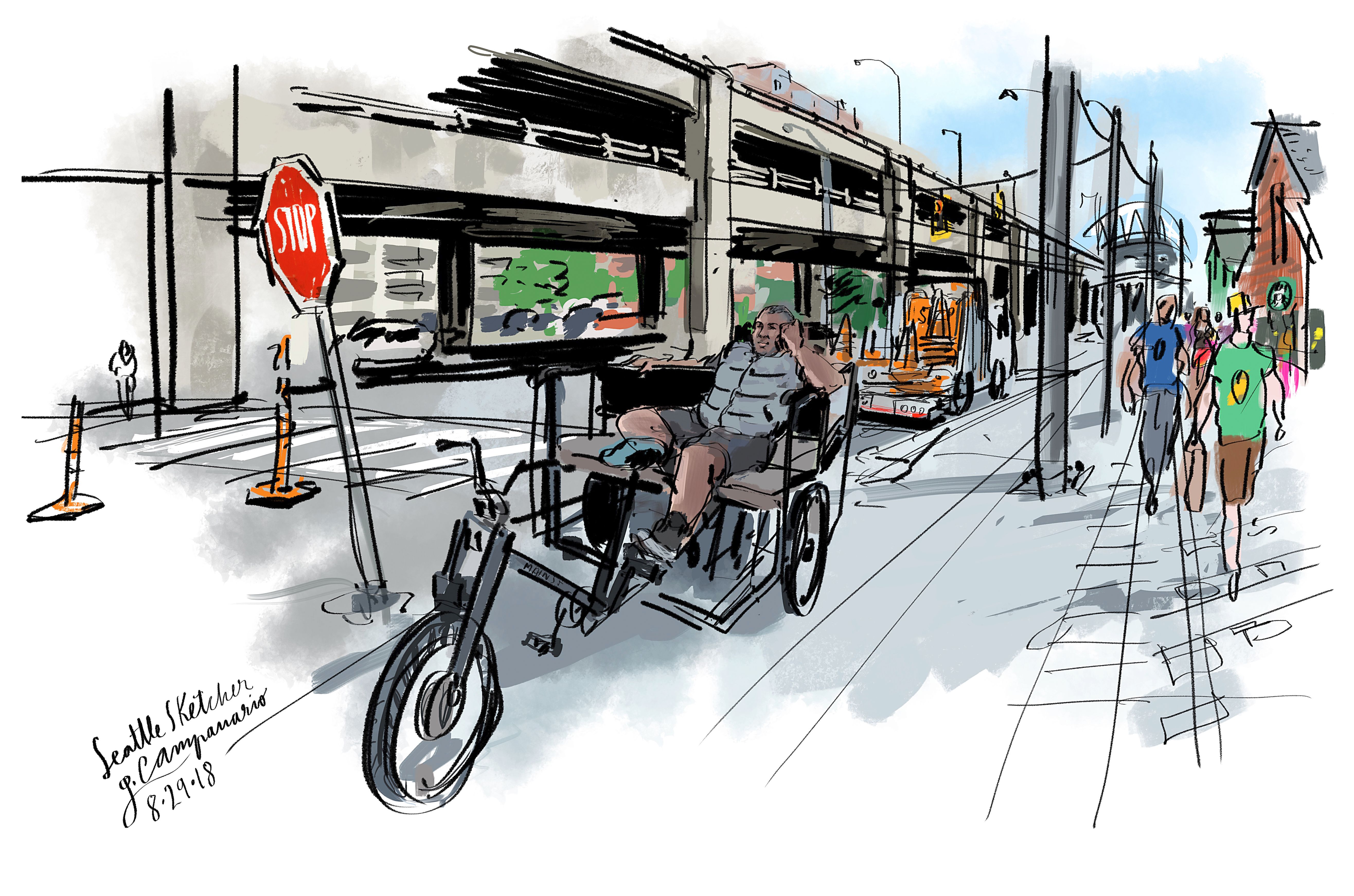 細川真希 原画「People in Seattle 2011」16×26cm Original artwork of Seattle Pike's Place Market at night – Ina Xi