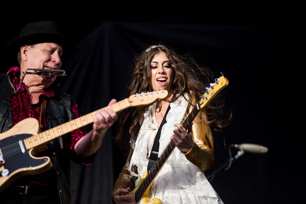 Giants in the Trees’ Jillian Raye plays next to Ray Prestegard during a 2018 concert with the Foo Fighters at Safeco Field. (Rebekah Welch / The Seattle Times)