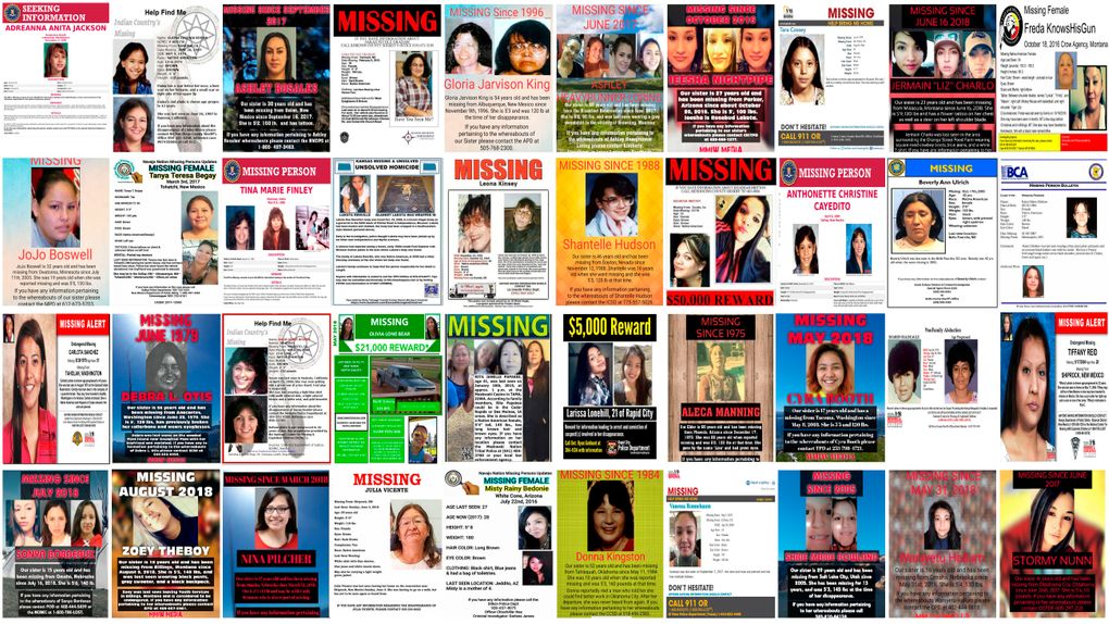 This combination of images from various law-enforcement agencies and organizations shows posters of missing and murdered Native American women and girls as of September 2018. No one knows precisely how many there are because authorities don’t have reliable statistics. (AP)