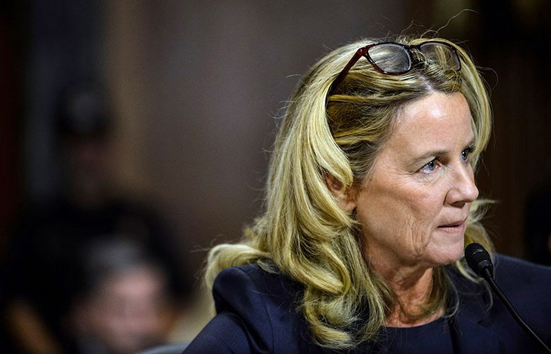 Christine Blasey Ford appears at a Senate Judiciary Committee hearing in Washington on Thursday, Sept. 27, 2018. Blasey testified about her accusation that Judge Brett Kavanaugh, President Trump’s Supreme Court nominee, sexually assaulted her. (Gabriella Demczuk/The New York Times)