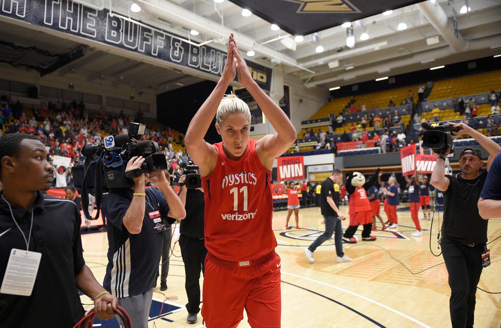 Washington Mystics guard Elena Delle Donne celebrates after a single-elimination WNBA playoff game against the Los Angeles Sparks on Aug. 23 in Washington. The Mystics won, 96-64. (Nick Wass / Associated Press)