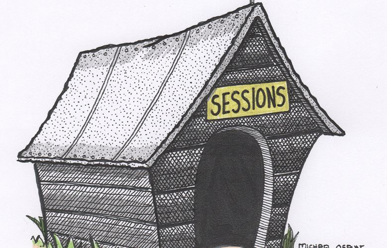 This artwork by Michael Osbun refers to Jeff Sessions being in Donald Trump's doghouse.
