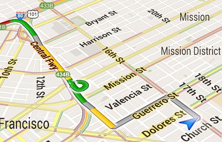 A screenshot provided by Google shows the Google Maps Navigation app for Android phones. It shows directions in San Francisco with traffic conditions in yellow and green.  (AP Photo/Google) NY120