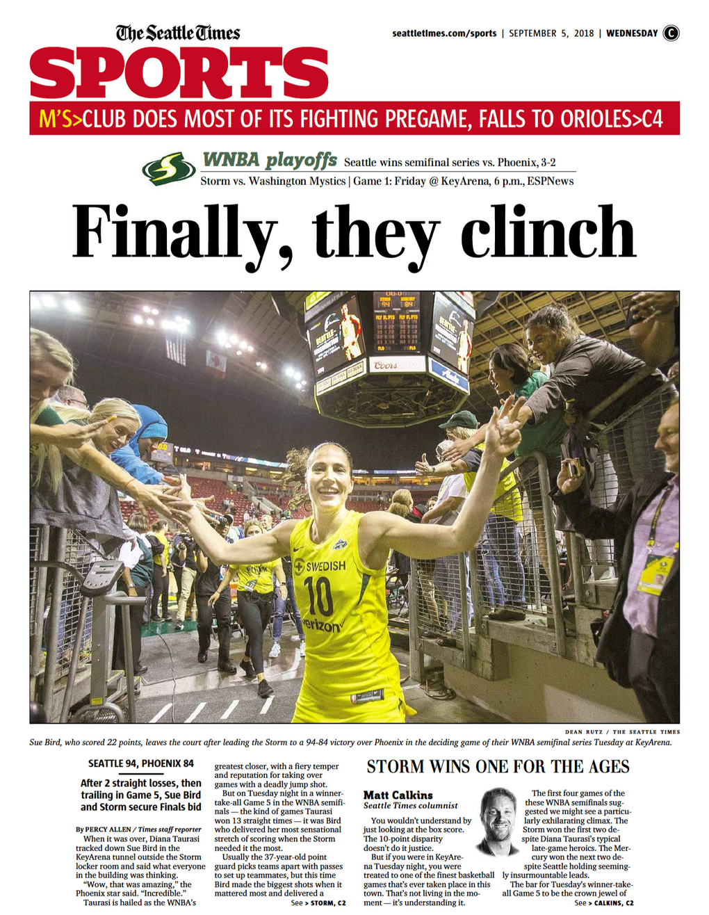 The front of The Seattle Times sports section Wednesday, Sept. 5, 2018, the day after the Storm clinched a spot in the WNBA Finals.