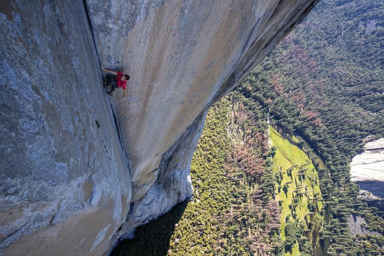 Alex Honnold climbs through the enduro corner on El Capitan’s Freerider.   (Jimmy Chin / National Geographic)