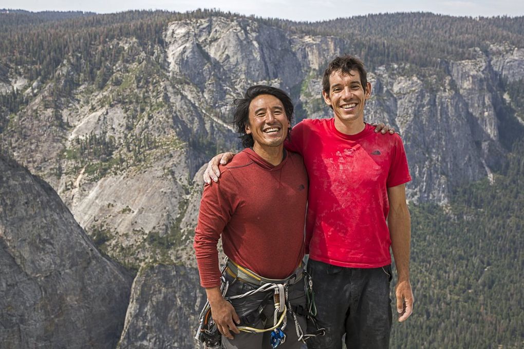 Jimmy Chin and Alex Honnold atop the summit of El Capitan just after Alex free-solo-climbed Freerider. (Samuel Crossley / National Geographic)