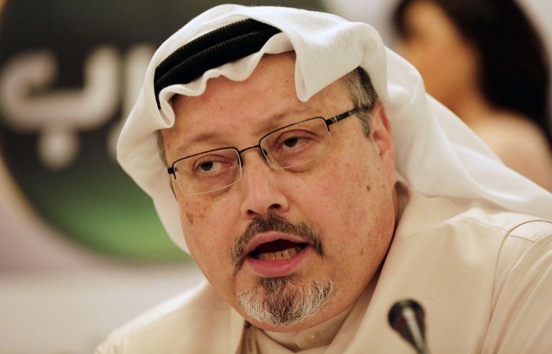 FILE – In this Feb. 1, 2015, file photo, Saudi journalist Jamal Khashoggi speaks during a press conference in Manama, Bahrain. The Washington Post said Wednesday, Oct. 3, 2018, it was concerned for the safety of Khashoggi, a columnist for the newspaper, after he apparently went missing after going to the Saudi Consulate in Istanbul. (AP Photo/Hasan Jamali, File) SAU102 SAU102