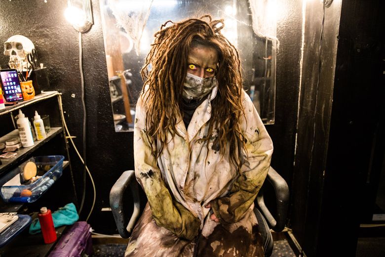 Makeup artist and actress Rochelle Kellogg in full costume.  (Rebekah Welch / The Seattle Times)