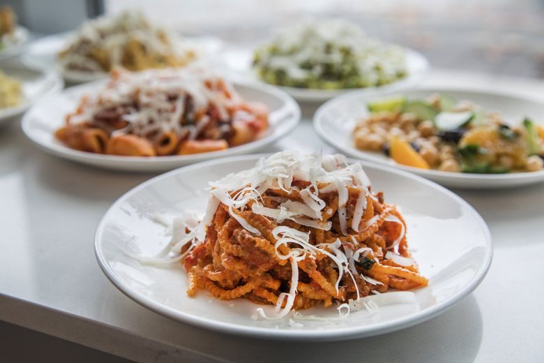 You will be able to get G.H. Pasta Co.’s lunches (such as spaghetti Bolognese and mascarpone, pictured here), salads and other Italian dishes delivered (through Amazon Prime, of course). (Steve Ringman / The Seattle Times)