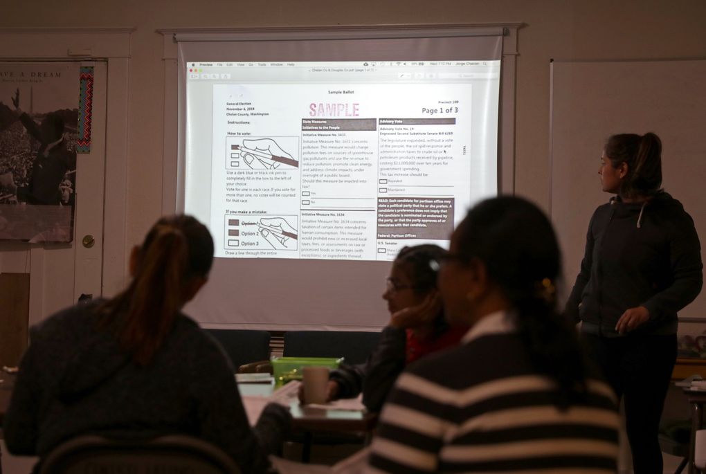 A sample ballot is projected during a Latino voter-education event. (Ken Lambert / The Seattle Times)