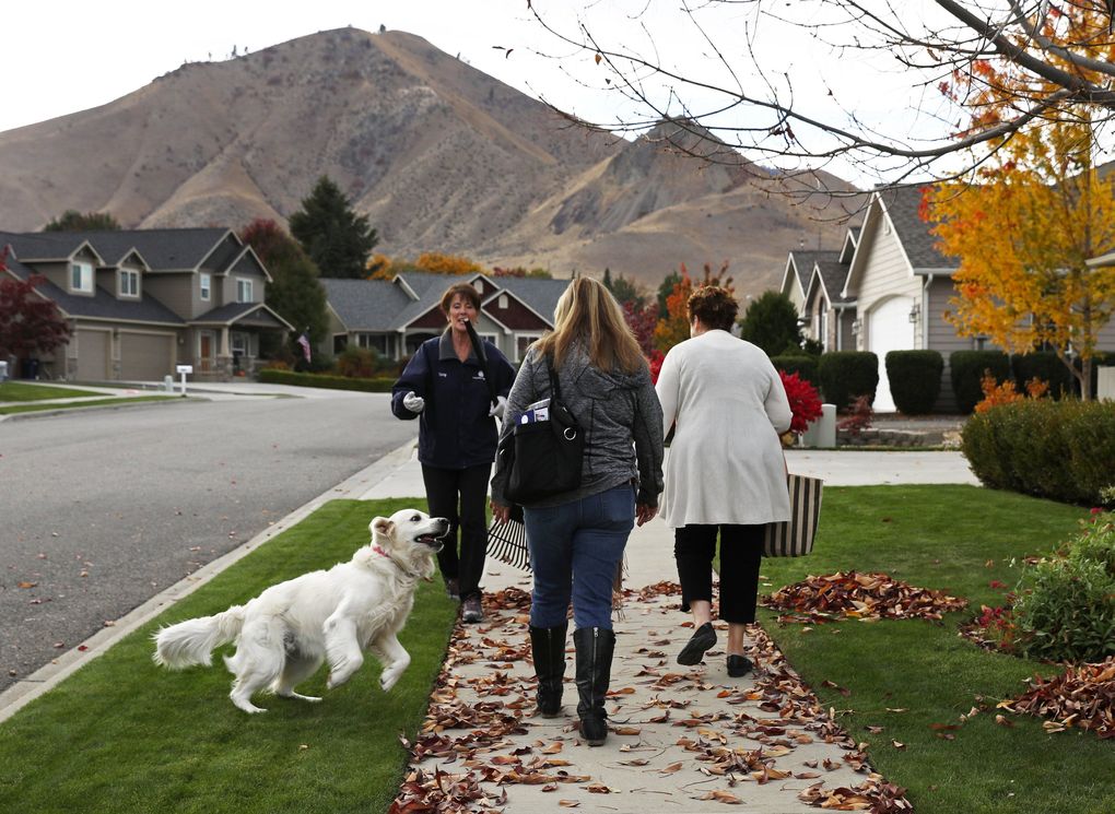 Terry Wilson, left, is approached by canvassers Susan Whitehall and Suellen Harris in Wenatchee. Wilson said her dog, Reagan, was named after the former president. (Ken Lambert / The Seattle Times)