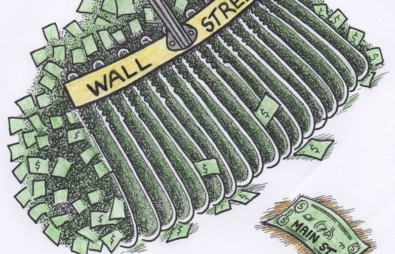 This artwork by Michael Osbun relates to greed on Wall Street.