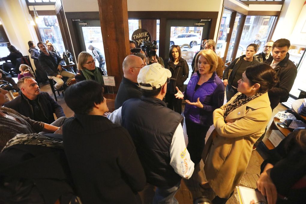 Seattle Mayor Jenny Durkan, who is coming up on a year in office, visited Cupcake Royale and talked to constituents during a neighborhood tour in West Seattle, Monday, Nov. 12, 2018. (Ken Lambert / The Seattle Times)