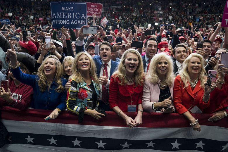 President Donald Trump’s supporters cheer as he arrives on stage during a campaign rally at the Bojangles’ Coliseum in Charlotte, N.C., Oct 26, 2018. Trump enjoys hero-like status among a certain segment of American women, some of whom initially supported him only reluctantly or do so now in spite of reservations about his bawdy language and erratic behavior. (Doug Mills / The New York Times)