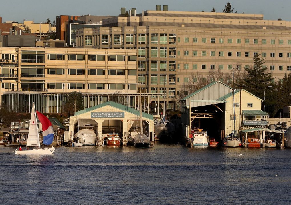 University of Washington buildings loom over the Jensen Motor Boat Company, on the north side of Portage Bay in 2018. (Greg Gilbert / The Seattle Times)