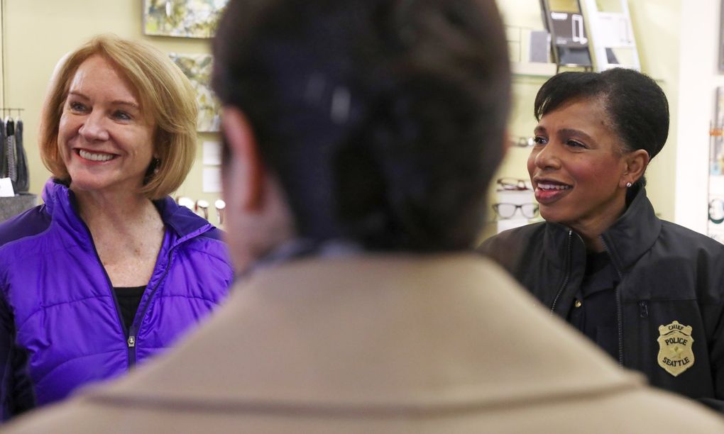 Seattle Mayor Jenny Durkan, who is coming up on a year in office, visited a business during a neighborhood tour in West Seattle, Monday, Nov. 12, 2018. Chief of Police Carmen Best, right, accompanied the mayor. (Ken Lambert / The Seattle Times)