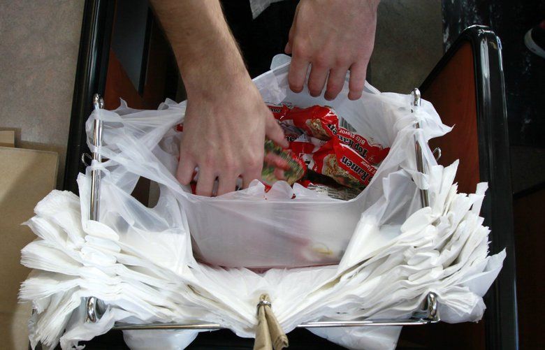 FILE — This Aug. 3, 2009 photo shows a clerk bagging groceries in plastic sacks at the M Street Grocery in Seattle. The Seattle City Council voted Monday, Dec. 19, 2011, to ban single-use plastic bags from groceries and other retail stores, joining a growing trend among cities that embrace green values. The ordinance, which was approved unanimously following months of discussion and debate, included a provision to charge a nickel fee for the use of paper bags, to encourage people to bring their own bags when they go shopping. (AP Photo/Elaine Thompson, File) WAET201